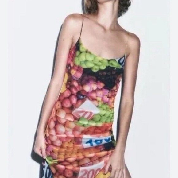 ZARA Blogger Fruit Stand Mesh Strappy Ruched Midi Slip Dress - Picture 2 of 15